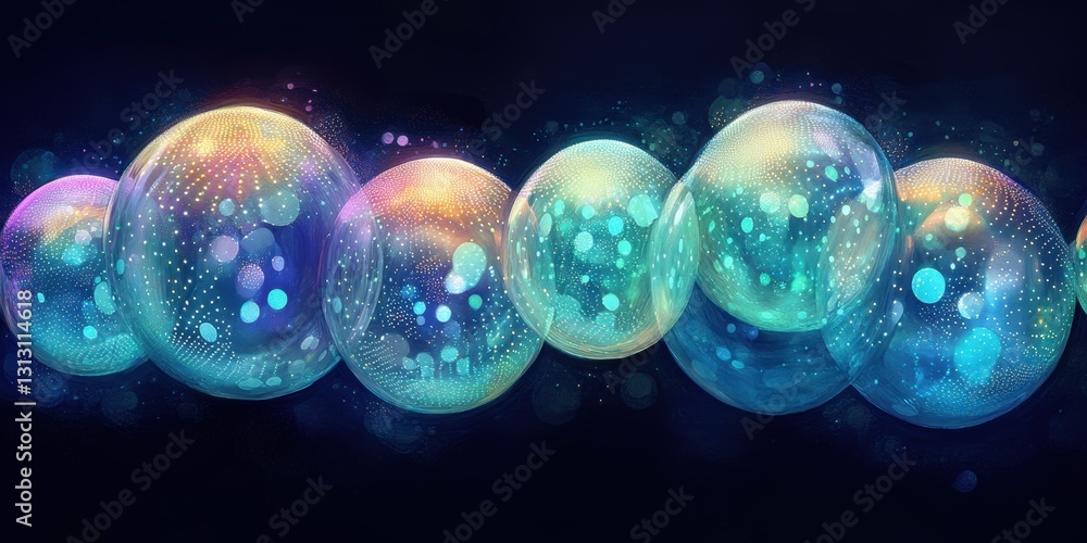 Poster translucent orbs of light floating in a colorful and abstract universe of bubbles