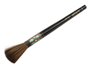 Artistic action with chinese calligraphy brush in focus home studio captured close-up, isolated on white or transparent background