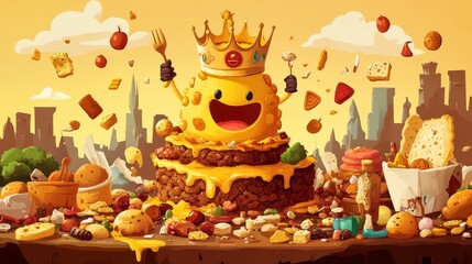 Obraz premium Animated food character with a golden crown surrounded by meals
