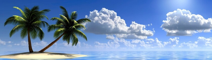 Obraz premium Tropical island paradise with palm trees under a blue sky, perfect for vacation