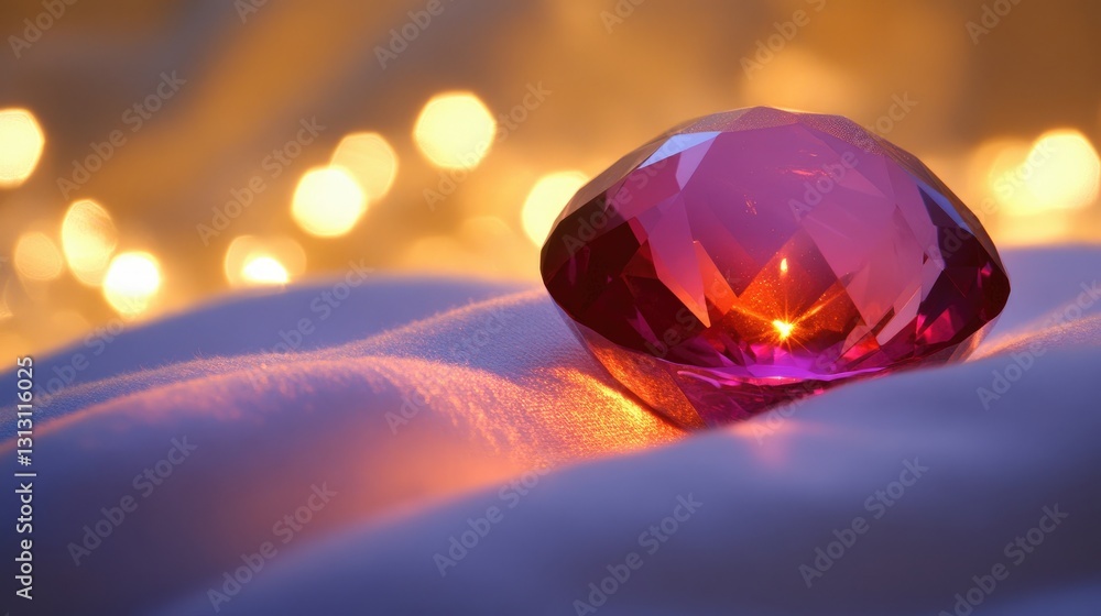 Poster single ruby gemstone resting on a soft white cushion, illuminated with gentle lighting.
