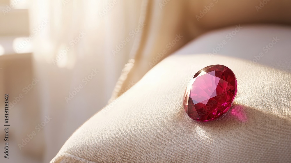 Poster single ruby gemstone resting on a soft white cushion, illuminated with gentle lighting.