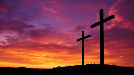 Three Crosses on a Hill Silhouetted Against a Sunset