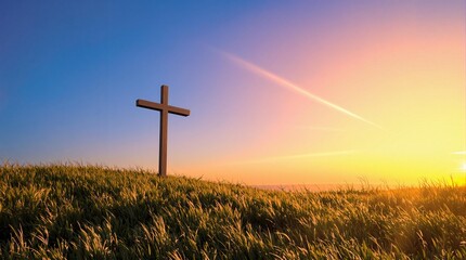 Sunlit Cross on a Hill at Sunrise