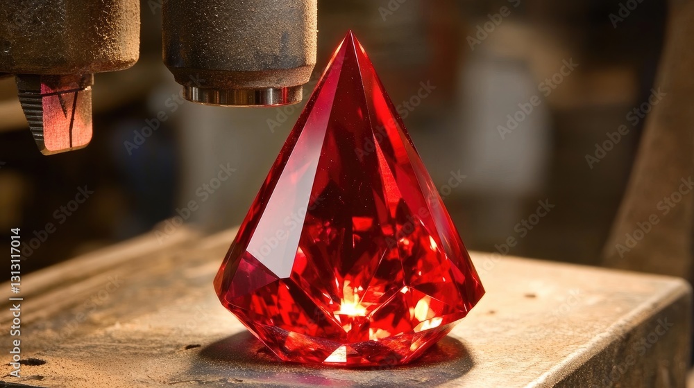 Poster the glow of a perfectly polished ruby under expert precision cutting in a workshop setting.