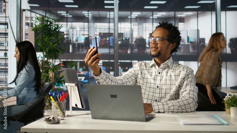 Poster business executive on a phone call discusses key business tasks, focusing on decision making and bud