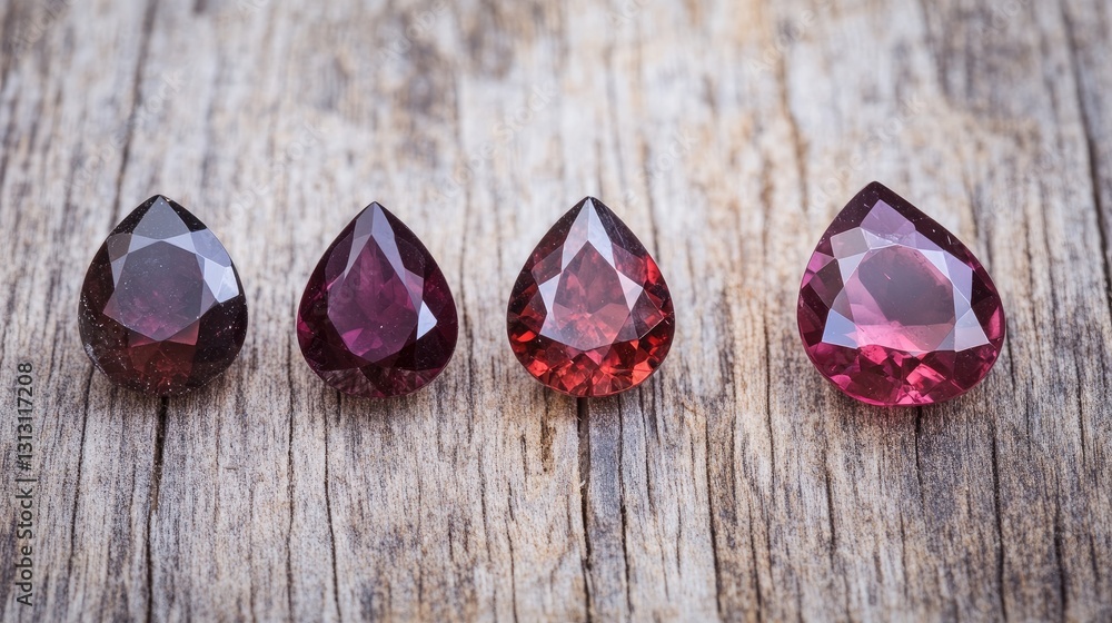 Poster three rubies of different cuts aligned in a row on a smooth wooden surface.