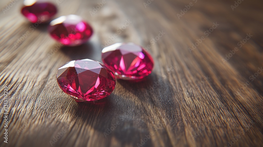Poster three rubies of different cuts aligned in a row on a smooth wooden surface.