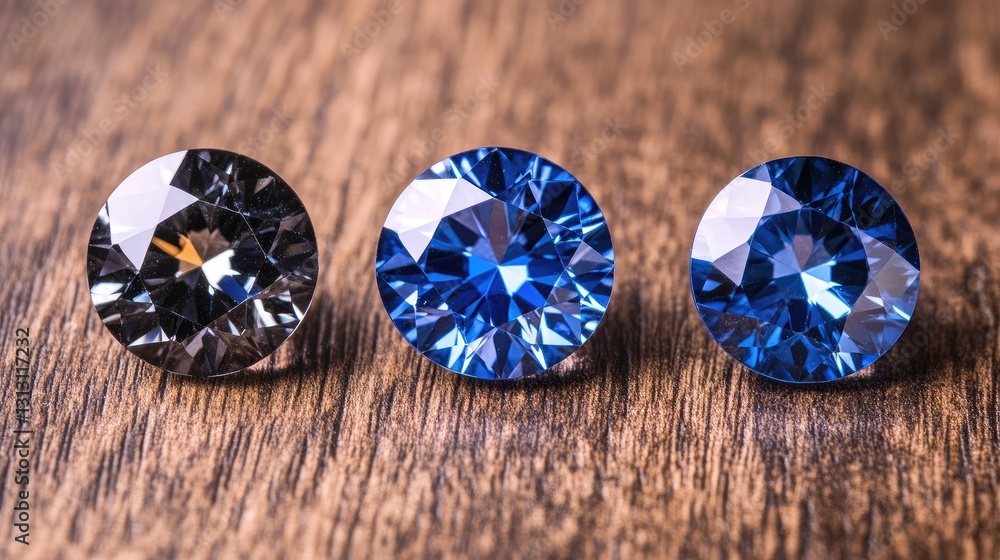 Poster three sapphires of different cuts aligned in a row on a smooth wooden surface.