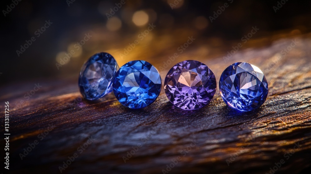 Poster three sapphires of different cuts aligned in a row on a smooth wooden surface.