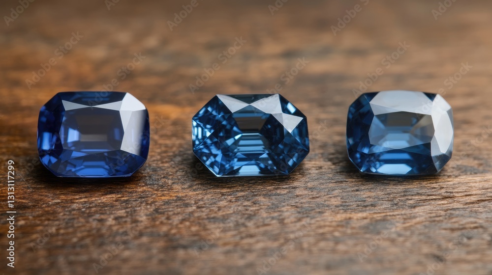Aufkleber three sapphires of different cuts aligned in a row on a smooth wooden surface.