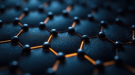 Dark hexagonal grid with glowing connections, nanotechnology or network concept