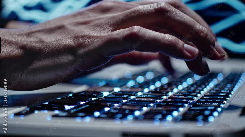 Poster close-up video of hands typing on a backlit keyboard, shot from a low angle, highlighting the dynami