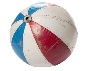 Deflated beach ball with nozzle indoor space still life home environment close-up view, isolated on white or transparent background