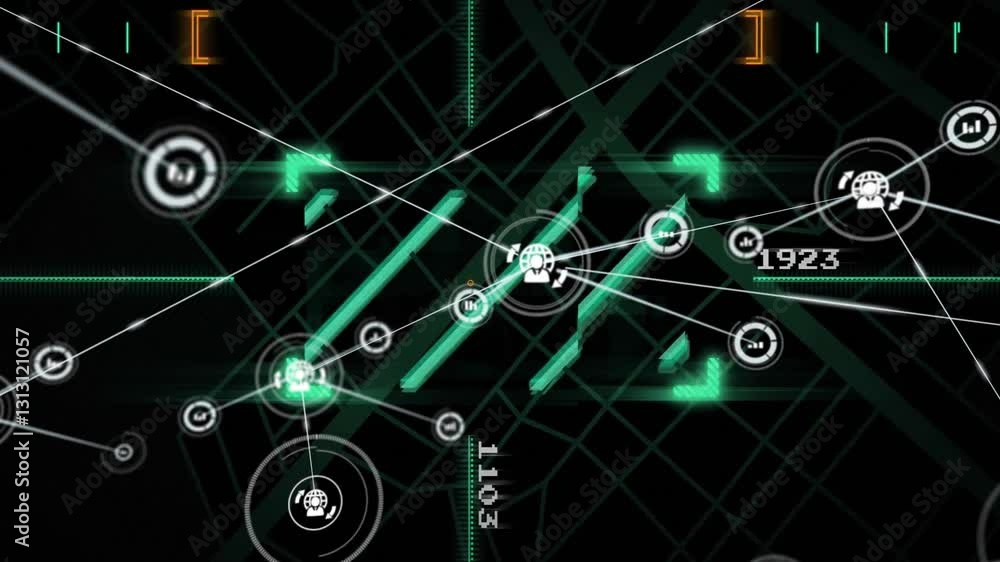 Poster animation of glowing green lines and symbols creating futuristic digital interface
