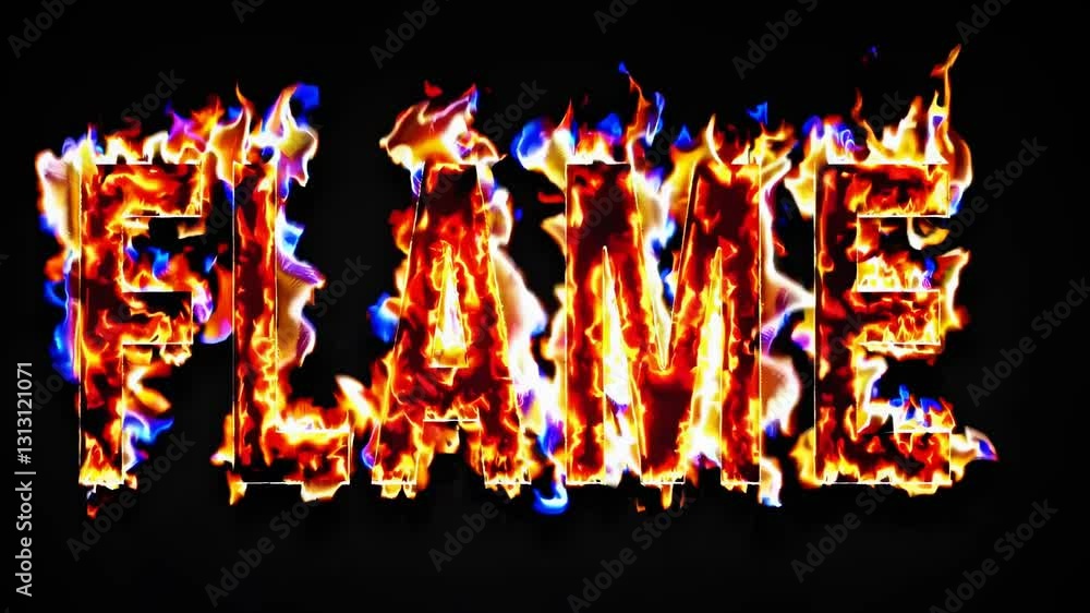 Poster dynamic video concept with fiery text spelling 'flame' engulfed in vibrant flames. front-facing angl