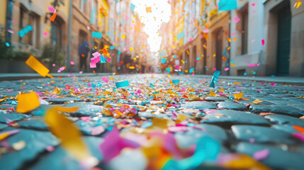Fototapeta premium Vibrant celebration with colorful streamers and confetti on a sunny cobblestone street