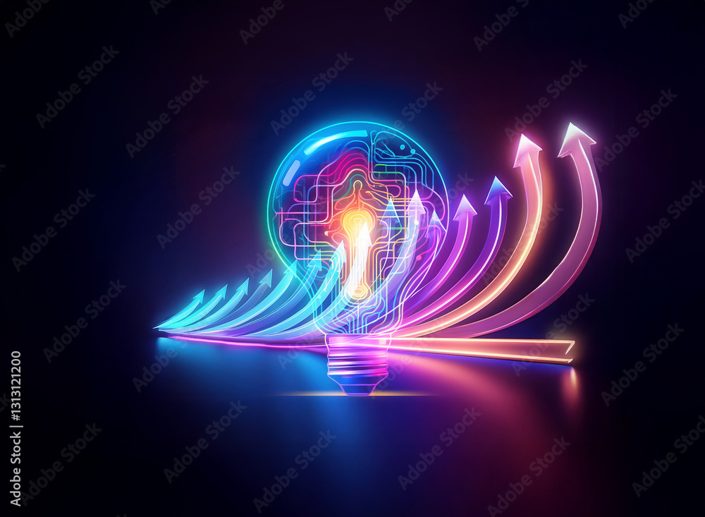 Poster neon light bulb with brain circuit and arrows creates a double exposure effect on a dark background.