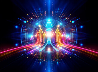 Obraz premium Bright arrows surge upwards with vibrant light trails, creating a dynamic and energetic design with a double exposure effect around a central circular element.