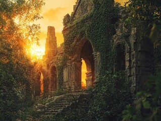 Fototapeta premium Ancient stone ruins covered in vines under a sunset sky, creating a mystical and historical atmosphere in a nature setting.