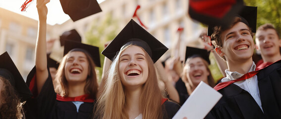 Joyful Graduates Celebrating Academic Success Outdoor Campus Scene
