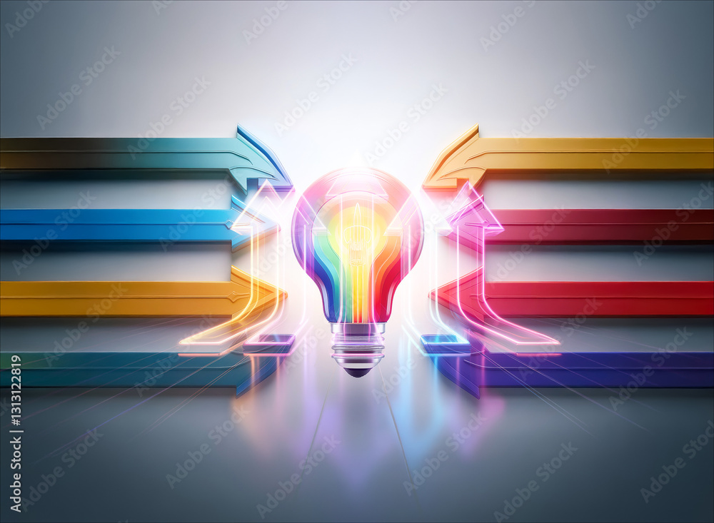 Poster a vibrant rainbow lightbulb glows brightly, illuminated by converging colorful arrows, creating a do
