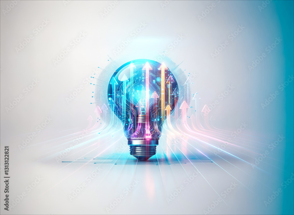 Wall mural a double exposure image of a light bulb filled with upward arrows, creating a sense of growth and in