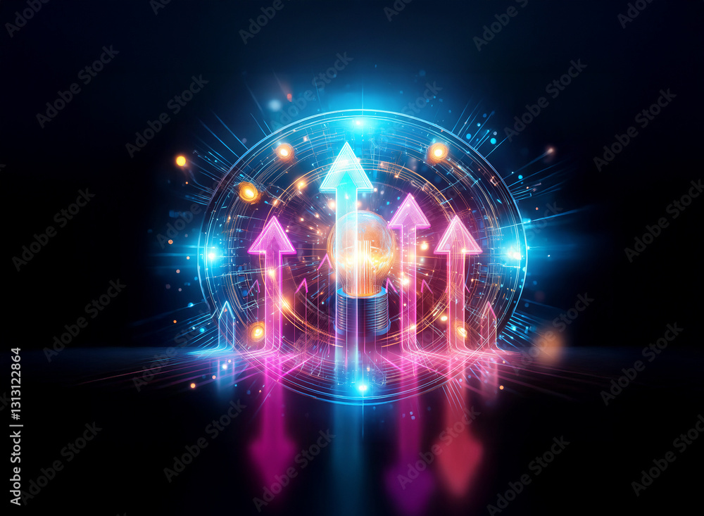 Poster a double exposure effect showcases vibrant pink and blue arrows pointing upwards, illuminated agains