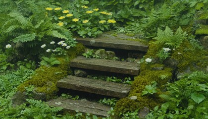 Stone Steps in a Misty Green Garden with Wildflowers