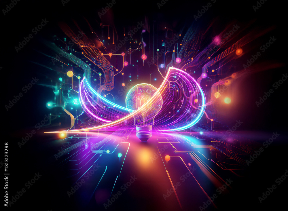 Poster double exposure art shows a glowing light bulb with circuit patterns and vibrant neon colors against