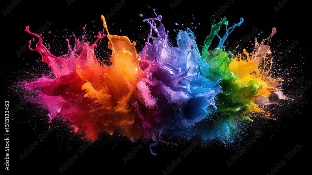 Poster dynamic colored paint splashing against a black background creating a striking visual contrast and a
