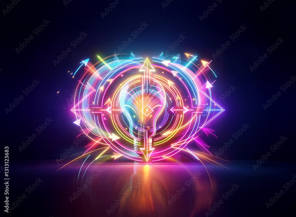 Poster neon lightbulb with geometric shapes and arrows creating a vibrant, colorful double exposure effect 