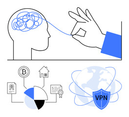 Human brain untangled by a hand, blockchain pie chart, and VPN shield around globe. Ideal for innovation, mental clarity, digital security, blockchain, cryptocurrency analytics technology. Flat