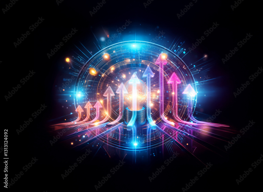 Poster double exposure abstract design featuring luminous arrows pointing upwards, symbolizing progress and