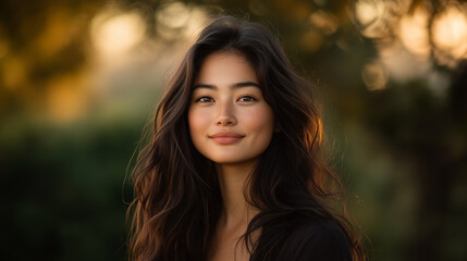 Fototapeta premium young woman with long, flowing hair smiles softly in natural setting, illuminated by warm sunlight.
