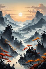 Fototapeta premium a landscape with mountains and trees in the sunset