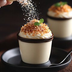  sprinkling toasted coconut on coconut milk pudding