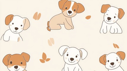 Adorable puppy doodle collection, loose continuous line art style, warm beige and brown tones, expressive happy faces, simple geometric shapes, minimalist design aesthetic, cheerful playing poses,