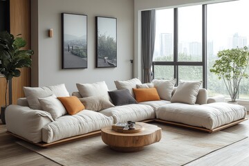 Fototapeta premium Elegant L-Shaped Sofa Set with Light Beige Linen and Wooden Legs for Rustic Farmhouse Living Room Decor, Featuring Soft Cushions and Wooden Coffee Table.