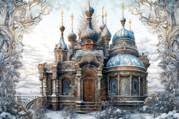 Obraz premium a majestic temple with domes, decorated with complex ornaments and details reminiscent of Russian architectural style. 