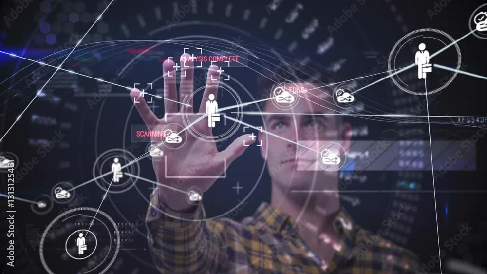 Poster in school, child interacting with animation of futuristic digital interface and data