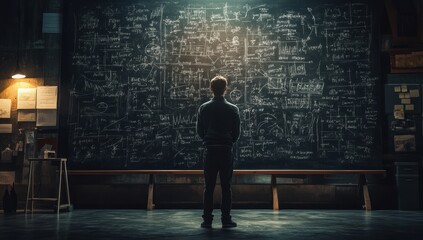 Man standing in front of a large blackboard filled with complex mathematical equations and scientific diagrams in a dimly lit room with papers and notes on the wall