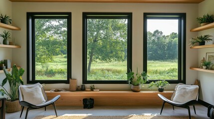 Fototapeta premium Modern room with windows overlooking a field, showcasing natural light. Possible use Interior design