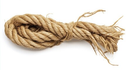 A tangled heap of thick, beige rope against a white background.