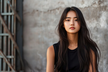Fototapeta premium young Asian woman with long hair poses against textured wall, exuding calmness and confidence
