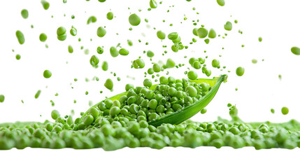 A floating pile of fresh green peas spilling from a pod