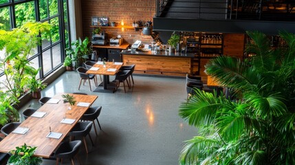 Stylish co-working space featuring modern architecture and a large indoor plant for a refreshing ambiance