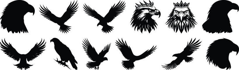Fototapeta premium Eagle silhouettes set, bird pack of vector silhouette design, isolated background