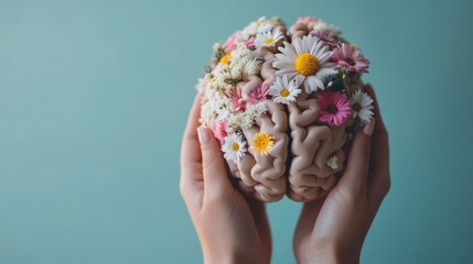 Hands Holding a Human Brain Decorated With Colorful Flowers