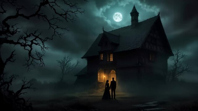 A couple standing at the entrance of a mysterious dark house under a full moon, creating a spooky, haunting atmosphere.
